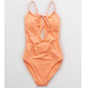 Aerie Eyelet One Piece Swim Suit Neon Orange